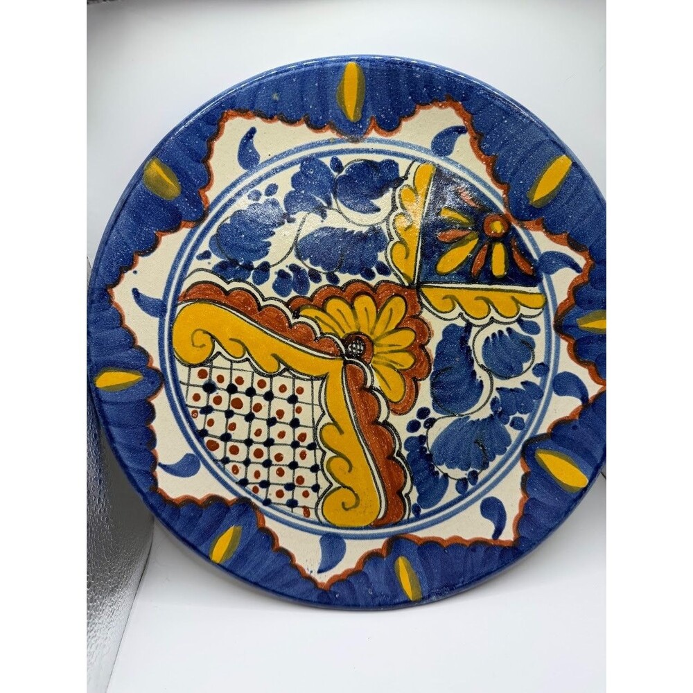 Mexican Talavera Style Hand Painted Ceramic Wall Plate Floral Blue Y